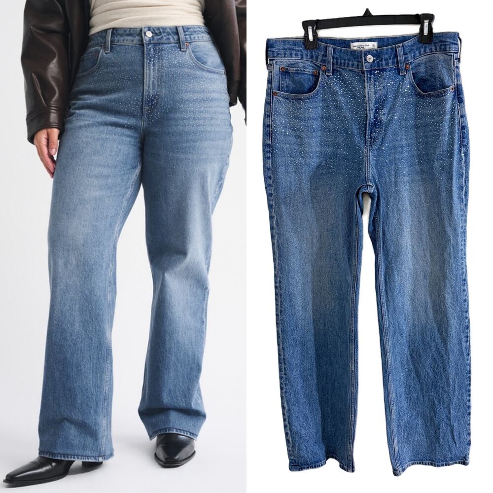 Abercrombie & Fitch Blue High Rise 90s Relaxed Jeans w Rhinestones Women's 31